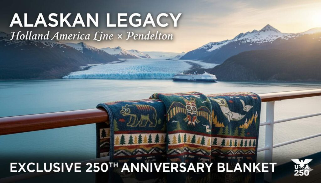 Vibrant woolen blanket showcasing Alaskan mountains, wildlife, and northern lights in blues and oranges