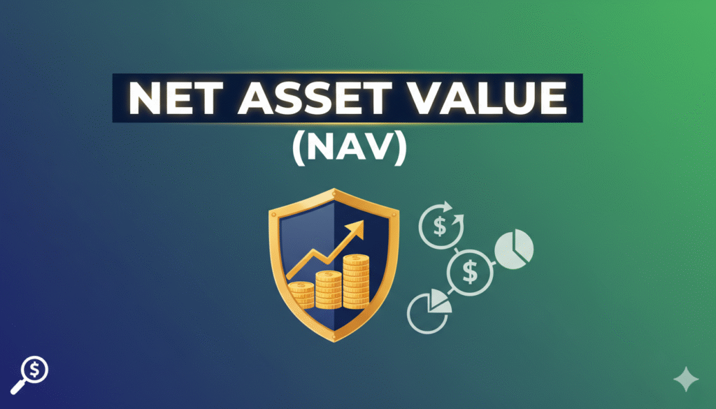 Illustration of a balance scale weighing assets against liabilities to calculate net asset value in investment funds.