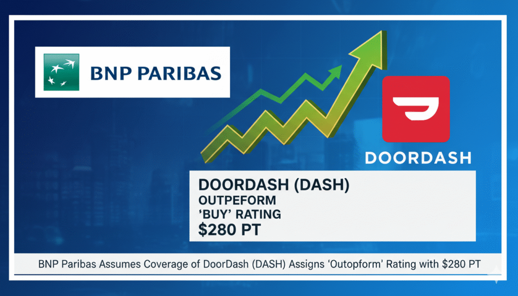 DoorDash logo overlaid on a stock chart showing upward trend