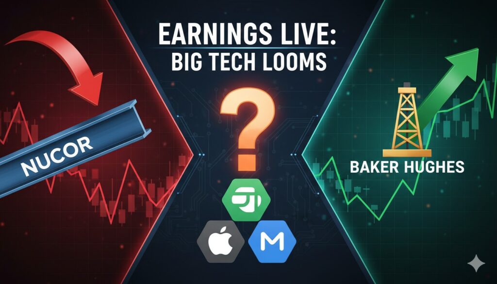 Stock market charts showing fluctuating lines for Nucor and Baker Hughes with Big Tech logos in the background.