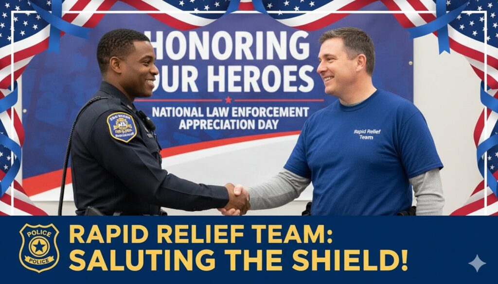 Group of volunteers handing out coffee and donuts to smiling police officers outside a station.