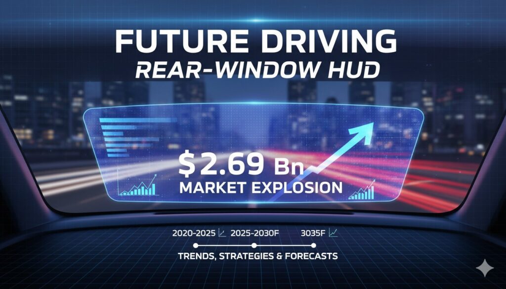 Close-up view of a rear-windshield head-up display projecting navigation and safety alerts in a modern vehicle interior.