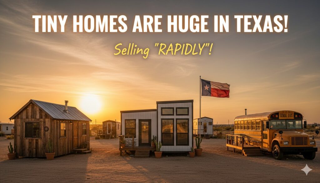 A sleek tiny home exterior against a Texas sunset backdrop