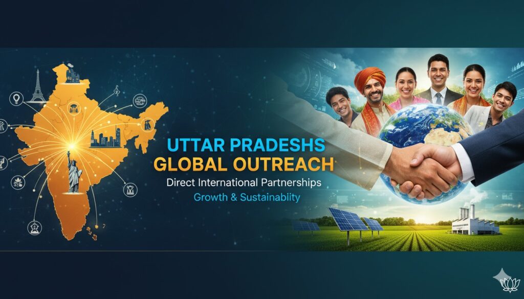 Alt Text for featured image Aerial view of Uttar Pradesh's modern industrial landscape with symbolic international flags representing global partnerships