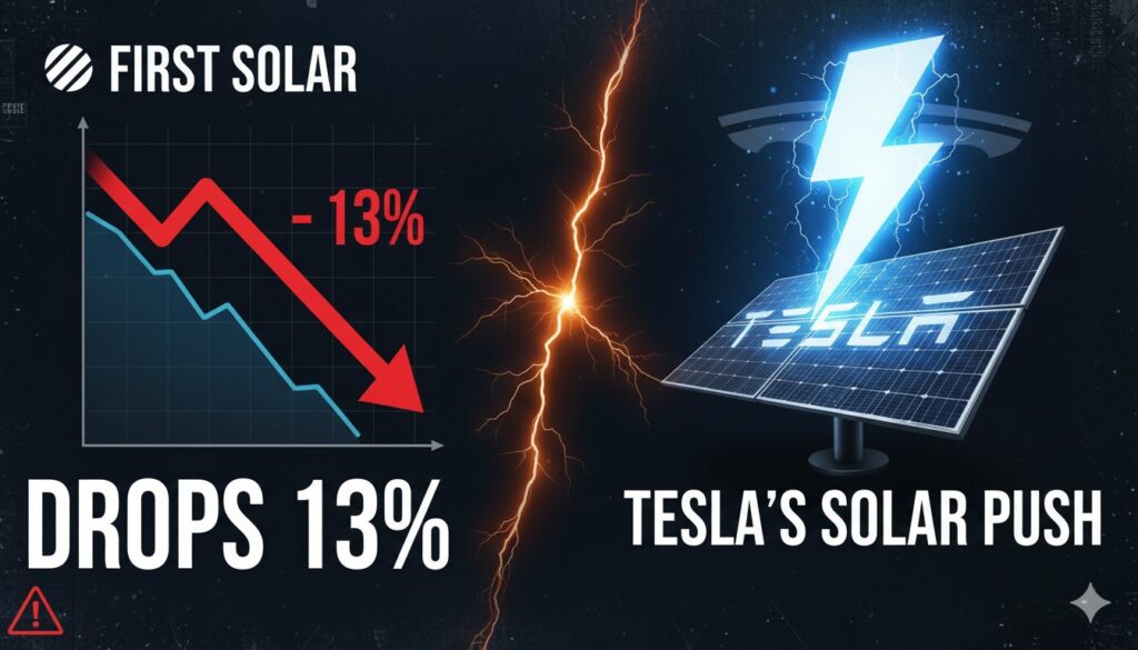 Alt Text for featured image : Chart showing First Solar stock price decline with solar panels in the background