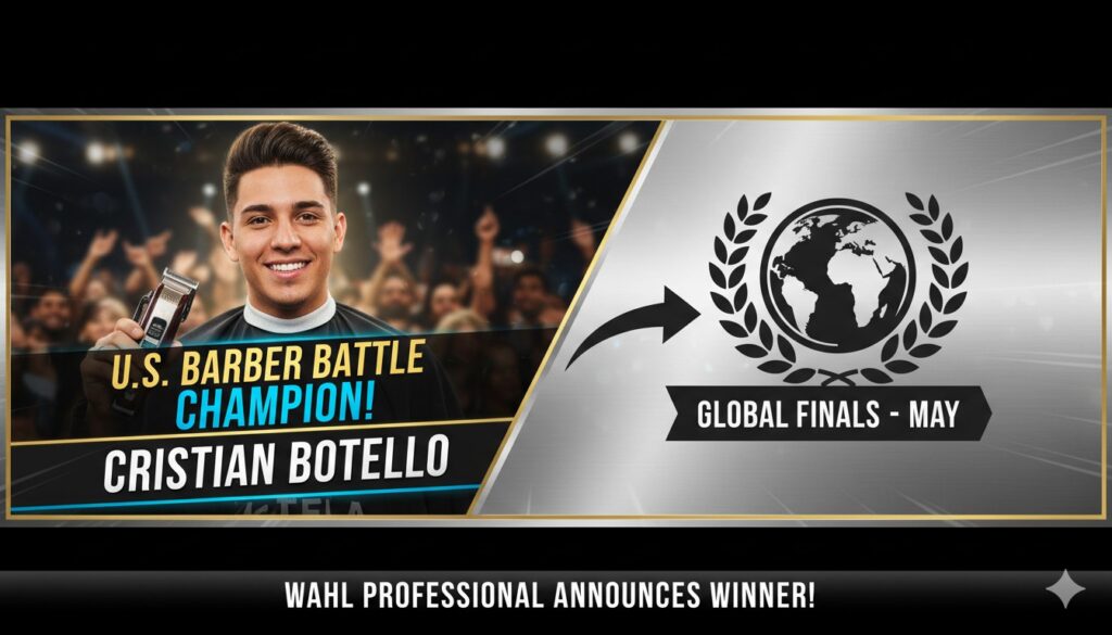 Cristian Botello displaying his winning hair design at the U.S. Barber Battle organized by Wahl Professional.