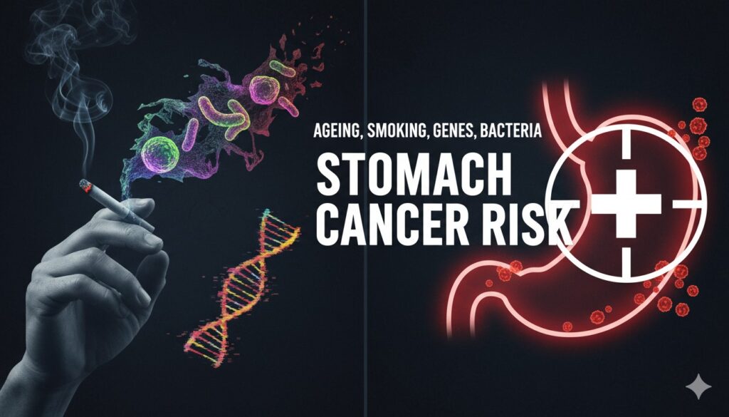 Illustration of stomach cells with highlighted risk factors including ageing icons, smoke clouds, bacteria shapes, and DNA strands.