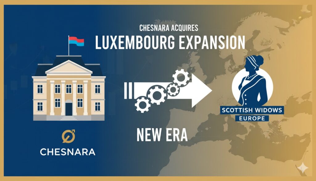 Chesnara PLC logo alongside Luxembourg flag symbolizing entry into the European insurance market through acquisition