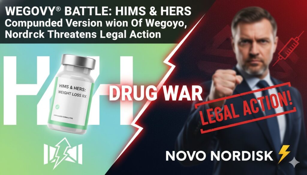Pharmaceutical pills and corporate branding symbolizing competition in the weight loss medication market between Hims & Hers and Novo Nordisk