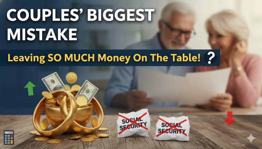 Illustration of a married couple reviewing Social Security documents, with money symbols fading away in the background representing lost benefits.