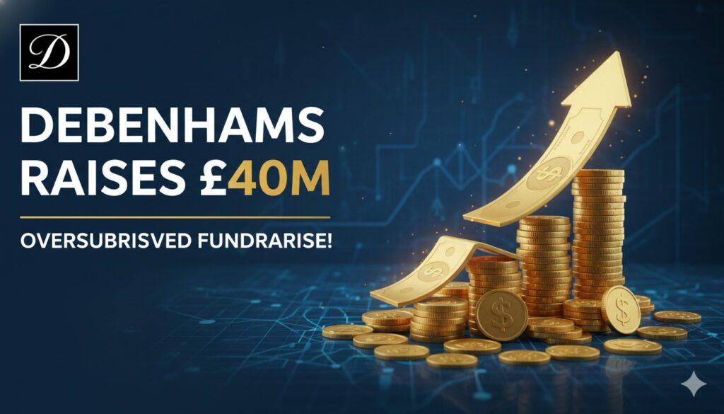 Debenhams Group logo on a modern retail background representing successful fundraising and business turnaround