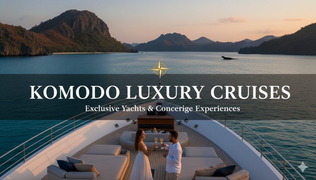 A sleek Phinisi yacht sailing through turquoise waters near rugged islands with dramatic cliffs and lush greenery in the background.