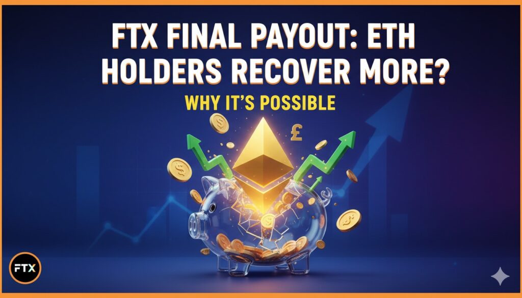 Illustration of Ethereum coins overflowing from a bankruptcy payout envelope, symbolizing creditor recovery exceeding original losses in the FTX case