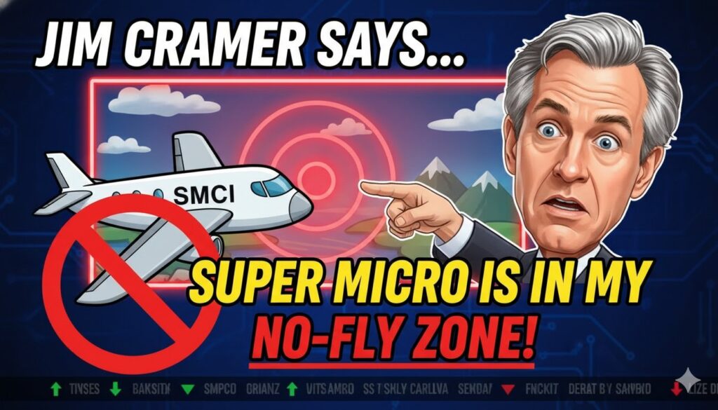 Jim Cramer on CNBC's Mad Money discussing stocks with a serious expression, highlighting caution on Super Micro Computer.