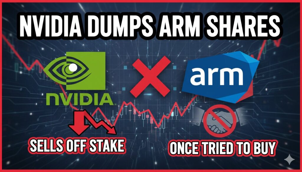 Nvidia logo alongside Arm Holdings building symbolizing the end of equity stake after failed buyout attempt