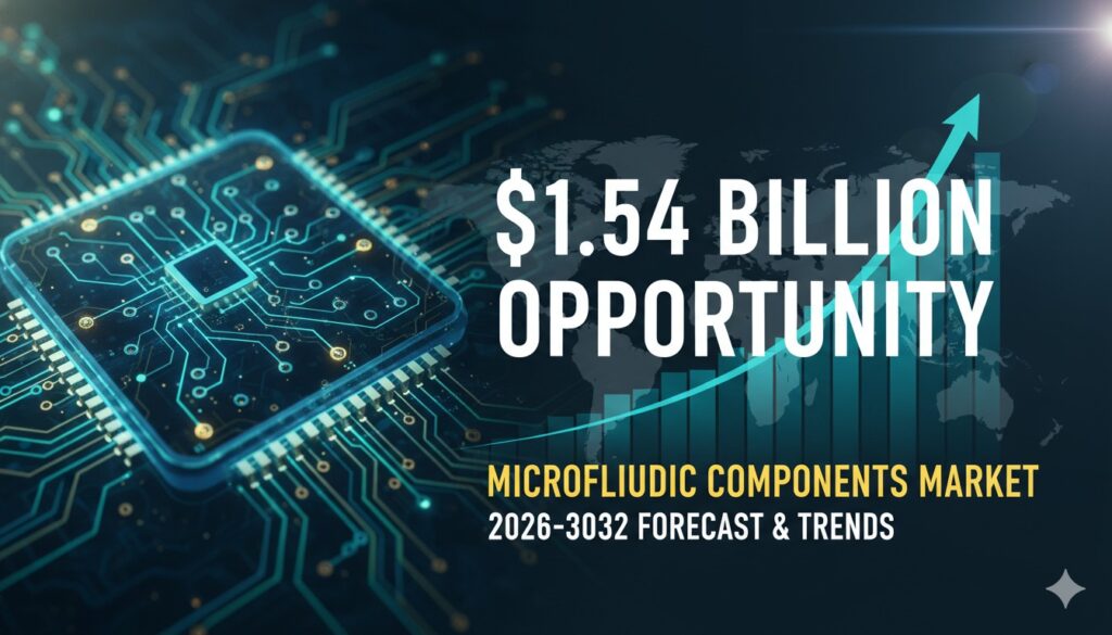 Microfluidic components including microvalves, micropumps, and sensors arranged on a lab surface representing the growing market opportunity.