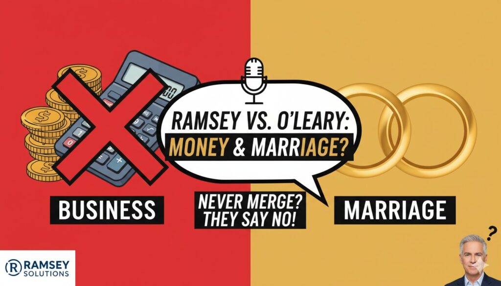 Illustration of a couple discussing finances at a table with bank statements and a wedding ring, representing debate on merging money in marriage