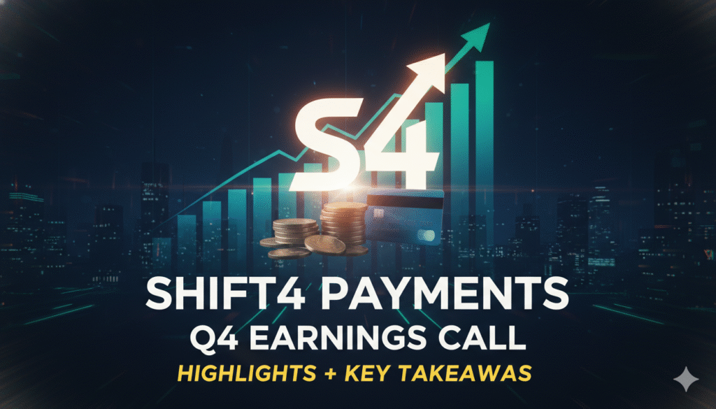 Shift4 Payments logo on a digital payment processing background with financial charts and global map elements representing Q4 2025 earnings highlights.