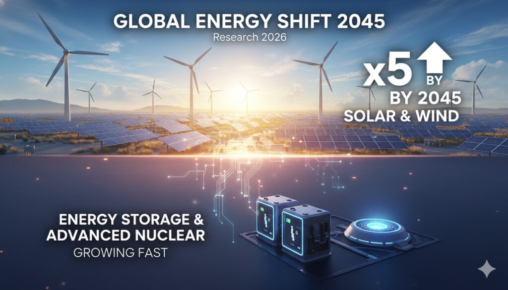 Futuristic visualization of vast solar panels and wind turbines integrated with battery storage facilities and advanced nuclear reactors under a global energy transition sky.