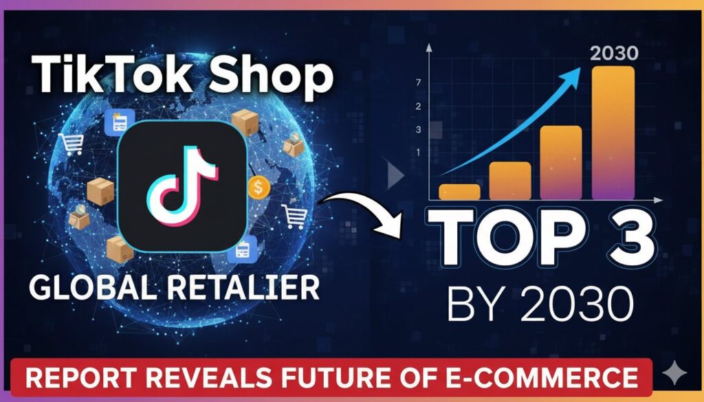 Futuristic digital illustration of TikTok Shop logo evolving into a massive global retail empire with shopping carts, live streams, and viral videos, symbolizing projected top-3 retailer status by 2030