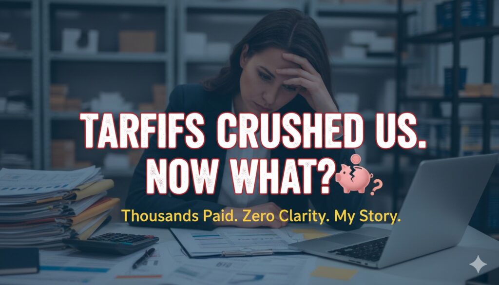 Alt Text for featured image : Small business owner reviewing tariff invoices and financial documents at a desk, looking concerned amid economic uncertainty.