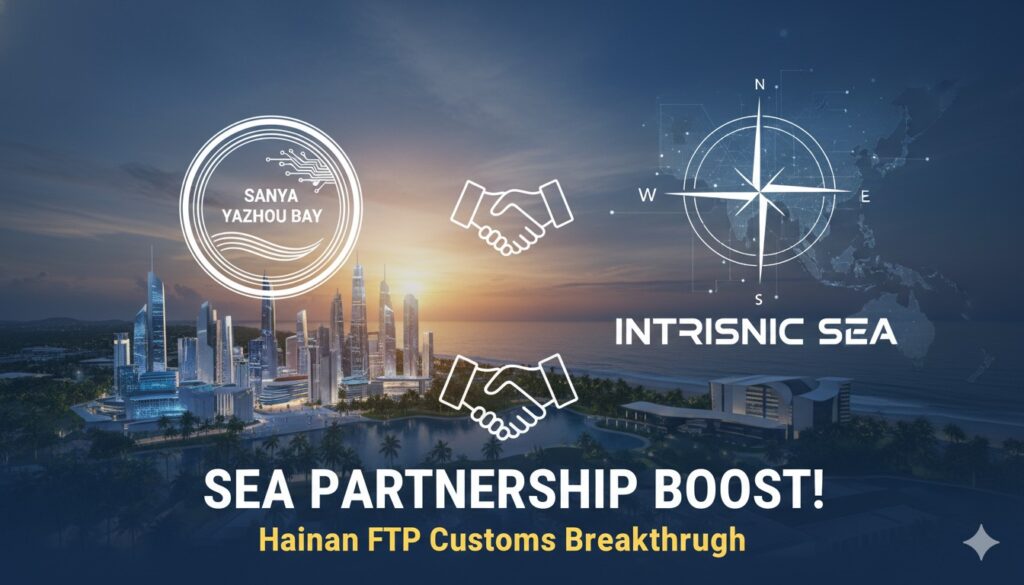 Alt Text for featured image : Aerial view of modern innovation buildings and coastal landscape in Sanya Yazhou Bay Science and Technology City, Hainan, China, symbolizing tech hub growth and international partnership.