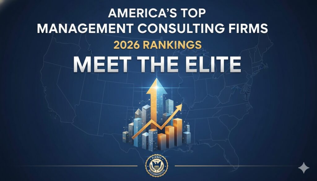 Group of professional consultants in a modern boardroom discussing strategy with charts and digital screens in the background, representing America's top management consulting firms in 2026.