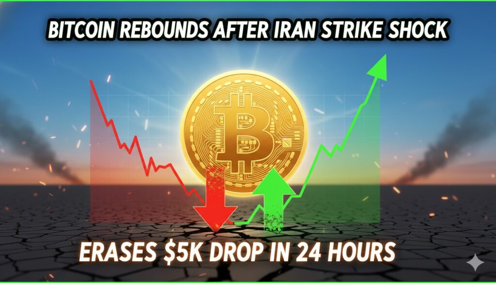 Bitcoin price chart showing sharp drop and rapid recovery amid Iran military strikes news