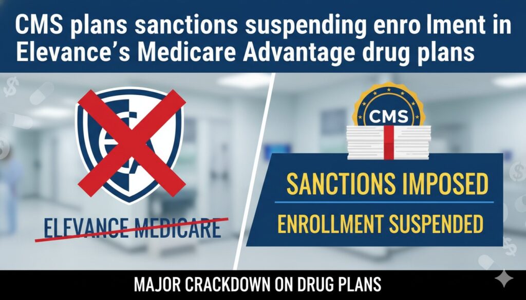 CMS building exterior with Medicare signage and regulatory documents overlay, representing government oversight of Medicare Advantage plans.