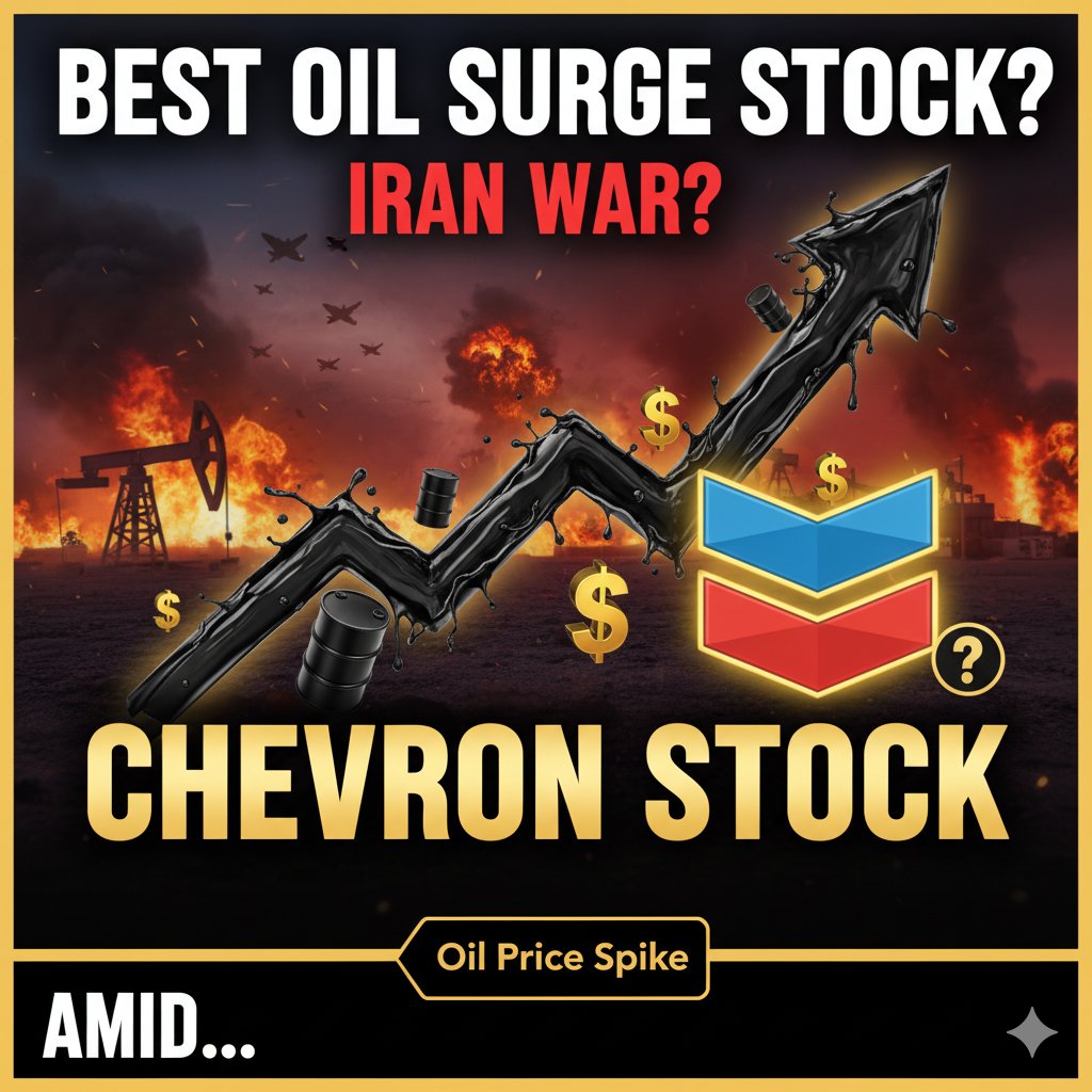Chevron (CVX) stock chart with rising oil barrels and Middle East map background symbolizing oil price surge amid Iran war