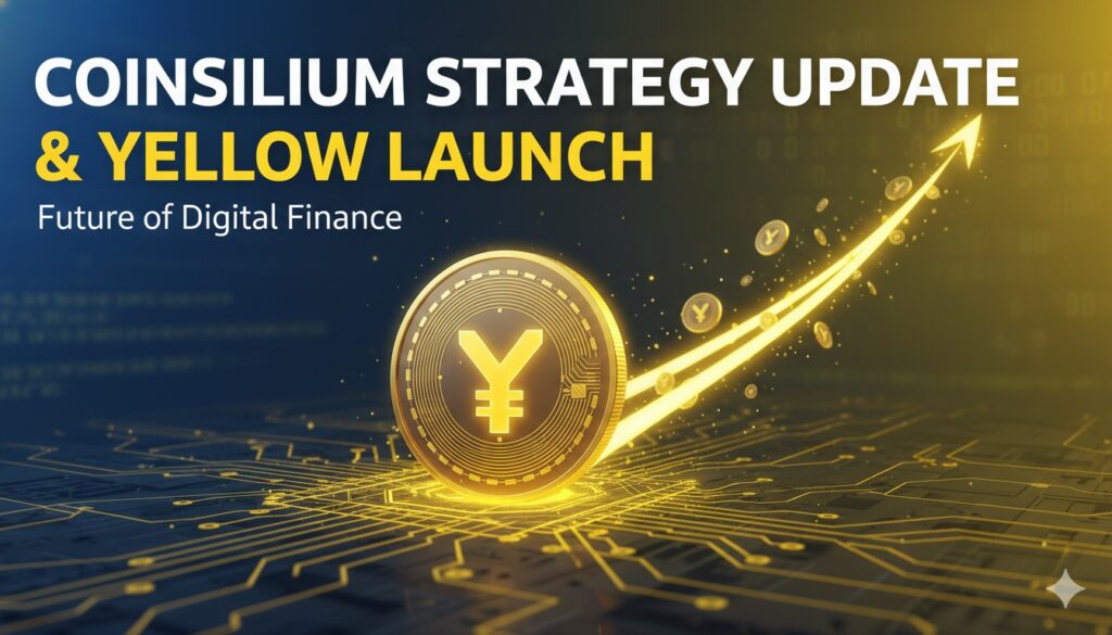 Coinsilium Group strategic update graphic featuring Yellow Network token launch and blockchain infrastructure elements