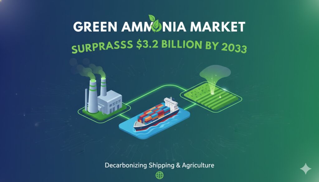Conceptual illustration of green ammonia production facility with renewable wind and solar energy powering electrolysis tanks and storage spheres for zero-emission maritime fuel and fertilizers