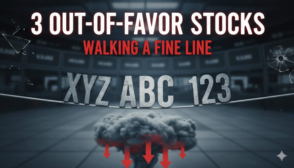 Three stock charts showing declining trends for Kraft Heinz, Intel, and Warner Bros. Discovery, symbolizing out-of-favor investments on the edge of potential recovery.