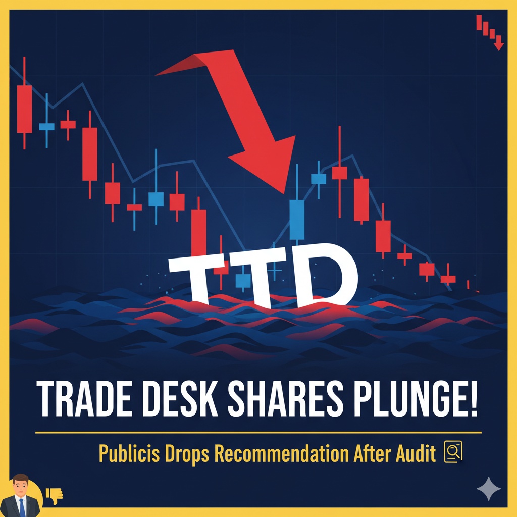 Stock chart showing The Trade Desk (TTD) shares declining sharply on market concerns over Publicis audit and recommendation change
