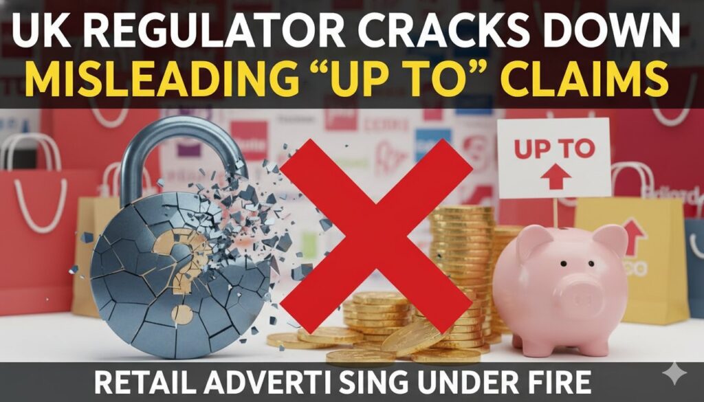 Alt Text for featured image : UK Advertising Standards Authority logo with magnifying glass over misleading 'up to' savings claim in retail ad