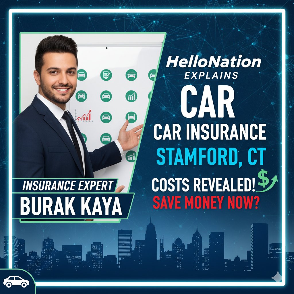 Alt Text for featured image : Burak Kaya, insurance expert from Stamford CT, discussing car insurance costs and factors in a professional setting.