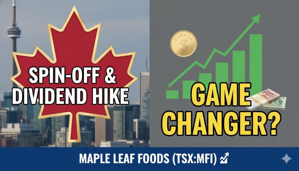 Alt Text for featured image : Maple Leaf Foods logo and stock chart highlighting recent spin-off and dividend announcement for TSX:MFI investors