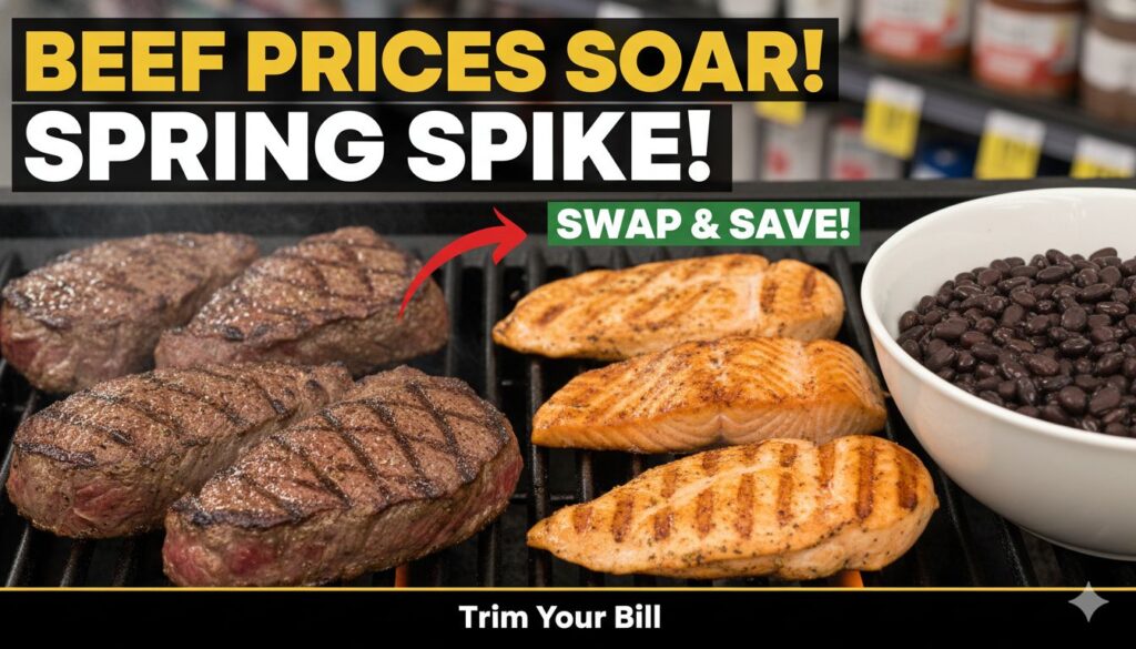 Alt Text for featured image : Graph showing rising US beef prices alongside affordable protein alternatives like chicken, pork, and beans in a grocery setting