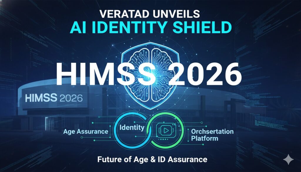 Veratad Technologies booth setup at HIMSS 2026 showcasing AI-driven identity verification screens and orchestration platform dashboard