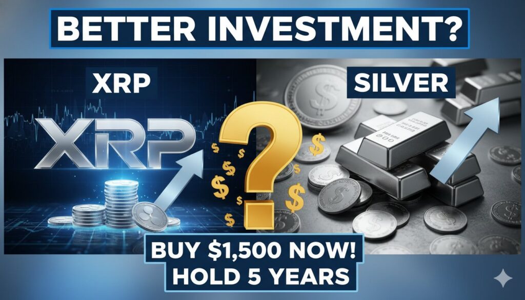 Comparison chart of XRP cryptocurrency and silver bars as investment options with $1500 budget for 5-year hold